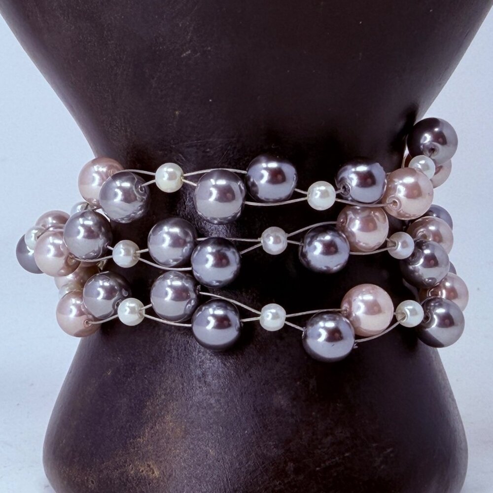 Vintage Silver Pearl Illusion Bracelet‎ Sterling Silver 925 Triple Strand Unworn